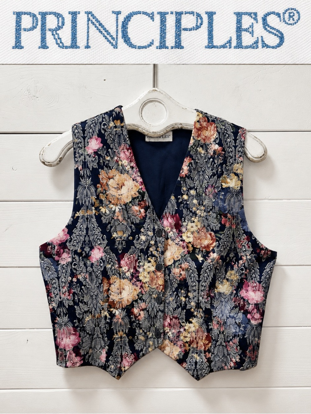 Principles Vintage Navy Floral Brocade Vest – Size Medium